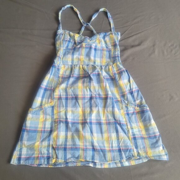 Bluenotes Summer Dress Womens L Blue Yellow Plaid Cottage Core Pockets Stretch - Picture 1 of 11